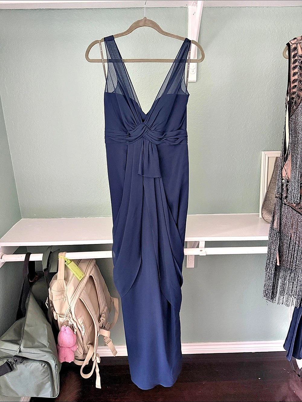 White by Vera Wang V-Neck Draped Chiffon Column Gown Blue Like New